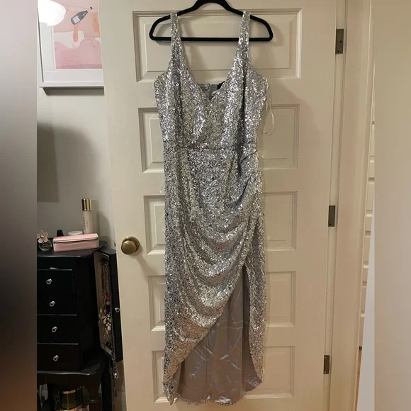 city chic silver dress City Chic Bright Lights Sequin V-neck Long Sleeve Dress In White/ Silver